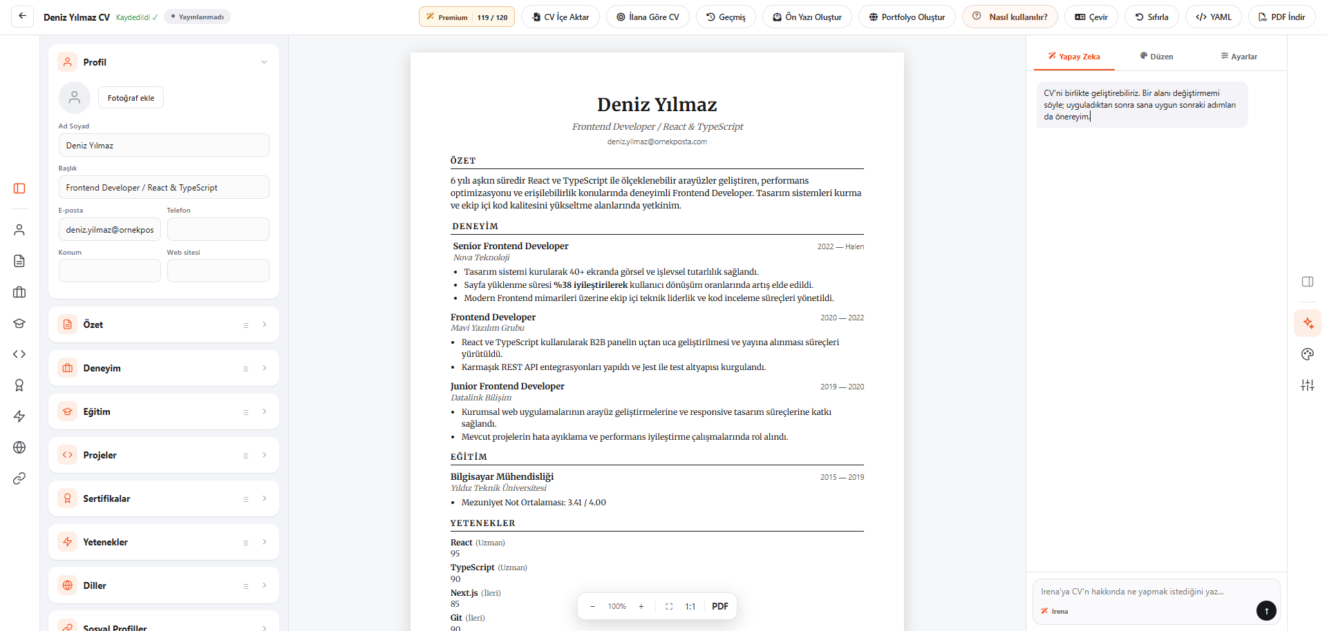 PratikCV canlı CV editörü, yapay zekâ asistanı ve CV ön izleme ekranı